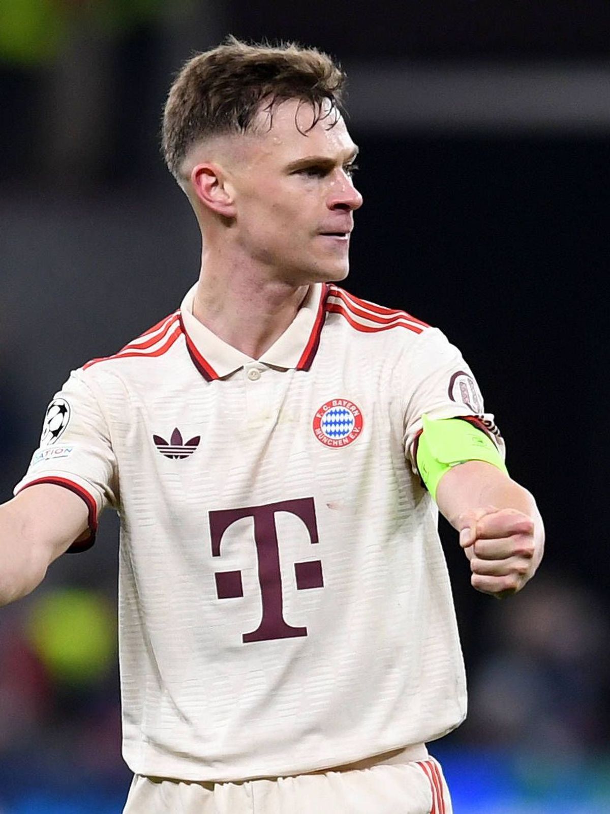 Joshua Kimmich (FC Bayern Muenchen) celebrate, celebrates, celebrating during the UEFA Champions League 2024 25 Round of 16 Second Leg match between Bayer 04 Leverkusen and FC Bayern München at Bay...