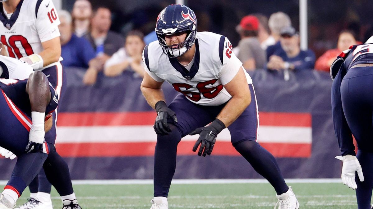 FOXBOROUGH, MA - AUGUST 10: Houston Texans tackle Kilian Zierer (66) during a preseason game between the New England Patriots and the Houston Texans on August 10, 2023, at Gillette Stadium in Foxbo...