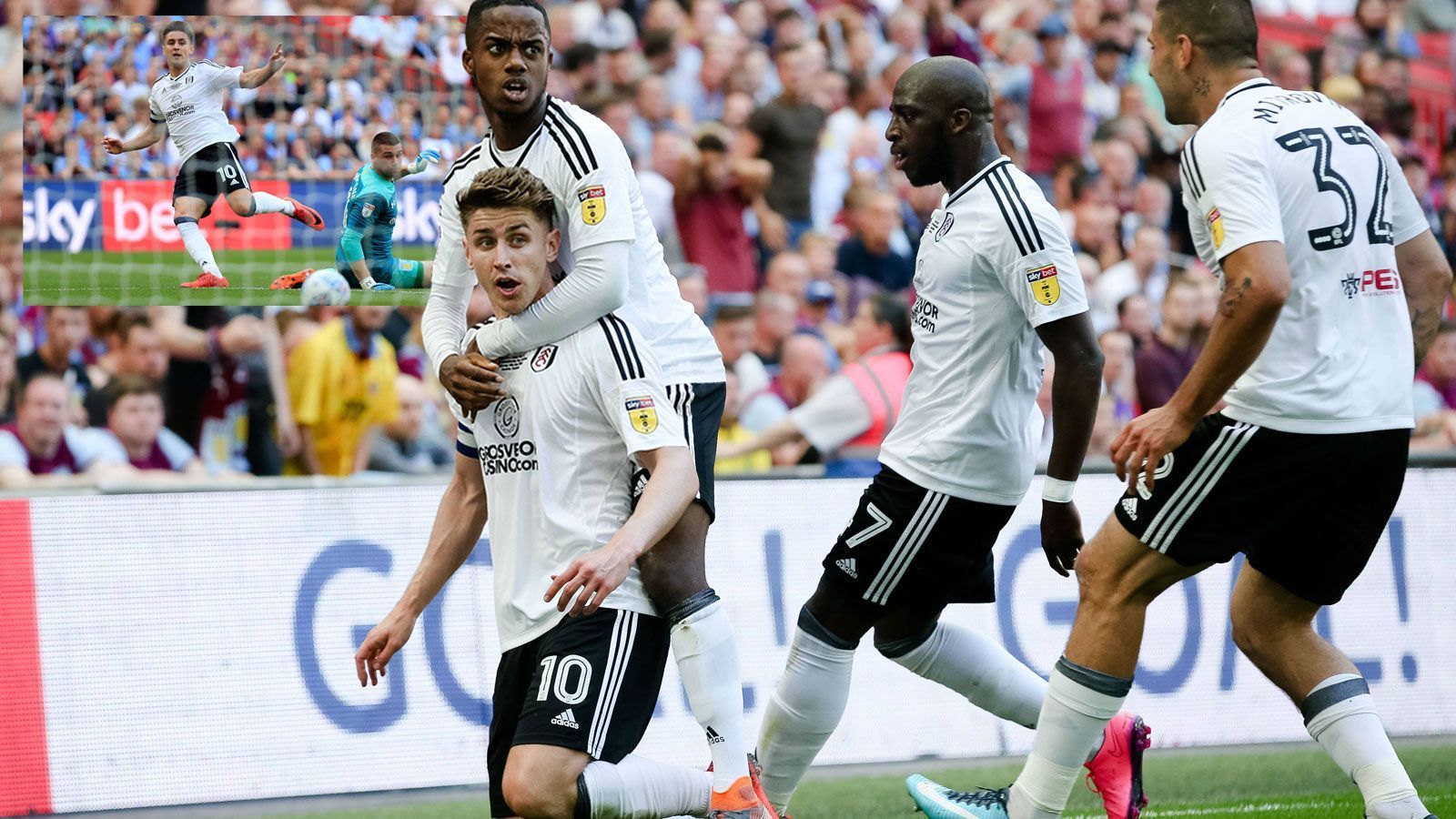 
                <strong>FC Fulham (Championship)</strong><br>
                In der Saison 2018/2019 wird im Craven Cottage wieder Premier-League-Fußball gespielt. Vier Jahre nach dem Abstieg meldet sich der FC Fulham zurück im englischen Oberhaus. Dabei mussten die Londoner den längsten Weg aller drei Aufsteiger nehmen, denn als Tabellendritter standen nach der regulären Saison noch die Playoffs auf dem Plan. Im Halbfinale setzten sich die "Cottagers" gegen Derby County durch, im Finale im Wembley-Stadion gegen Aston Villa um Routinier John Terry schoss sich Tom Cairney (kniend) mit seinem Goldenen Tor (kl. Foto) in die Herzen der Fans. Damit spielen sechs Klubs aus der Hauptstadt in der Premier League mit. Fulham hat sich mit dem Aufstieg laut "transfermarkt" bis 2021 TV-Gelder von mindestens 190 Millionen Euro gesichert - sollte der Klassenverbleib in der kommenden Saison gelingen, wird dieser Betrag weiter steigen.
              