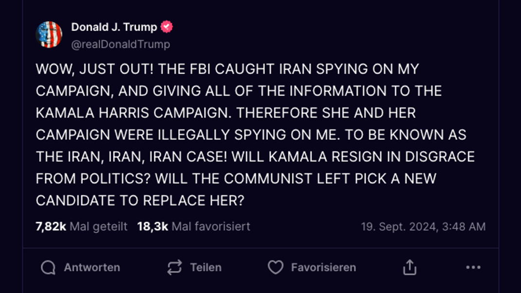 Wahlspionage und Zusammenarbeit mit iranischen Hackern wirft der republikanische Präsidentschaftskandidat Donald Trump seiner Kontrahentin Kamala Harris vor. 
