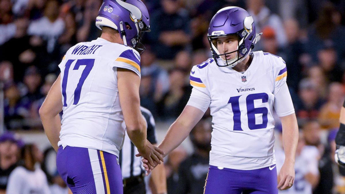 Minnesota Vikings punter Ryan Wright (17) and place kicker Will Reichard (16) celebrate a second quarter field goal against the Chicago Bears at Soldier Field in Chicago on Monday, September 8, 202...