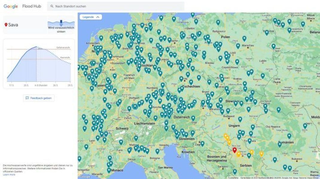 Das Vorhersage-Tool warnt per Ampel-System (blau, gelb und rot) vor Überschwemmungen und Hochwasser.