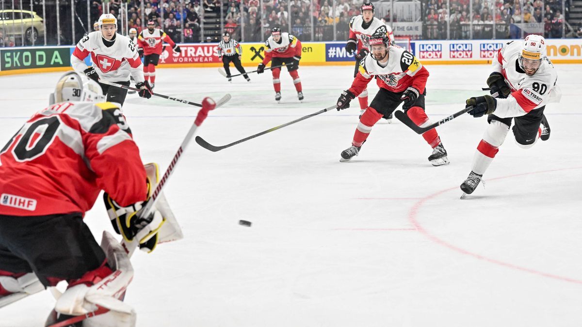 PRAGUE, CZECH REPUBLIC - MAY 12: Roman Josi of Switzerland shoots the puck during the preliminary round match between Austria and Switzerland at Prague Arena on May 12, 2024 in Prague, Czech Republ...