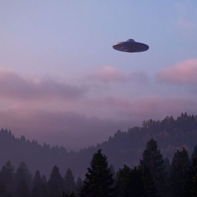 3D illustration. UFO over the mountains