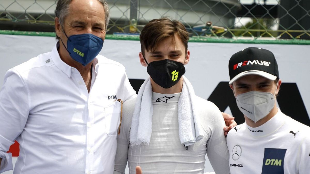 Gerhard Berger (hier mir Esteban Muth und Lucas Auer) mit Maske: Corona schadet der DTM