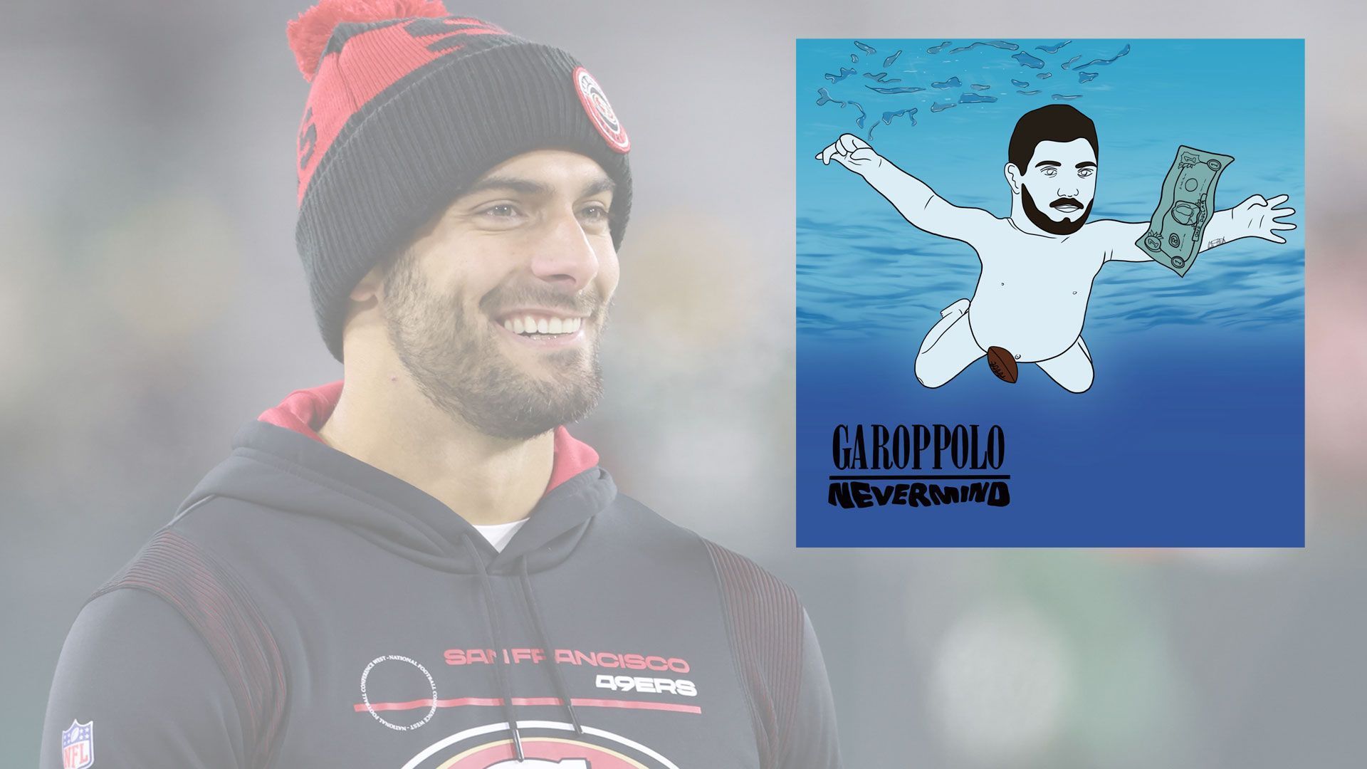 
                <strong>Tag 141</strong><br>
                Jimmy Garoppolo als Baby auf dem "Nirvana"-Cover "Nevermind". 
              