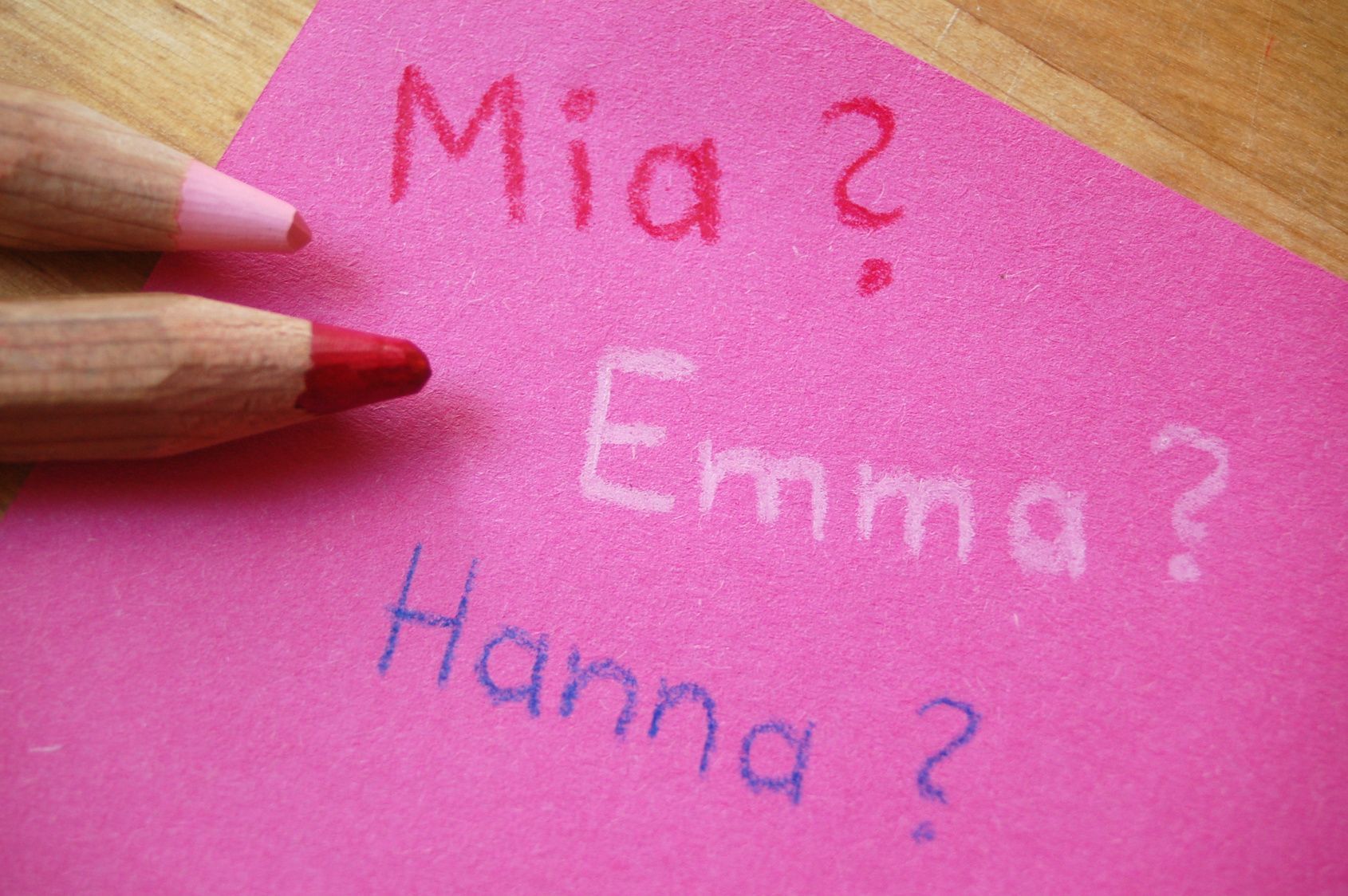 Drei der beliebtesten Mädchennamen in den vergangenen Jahren: Hanna, Emma und Mia.