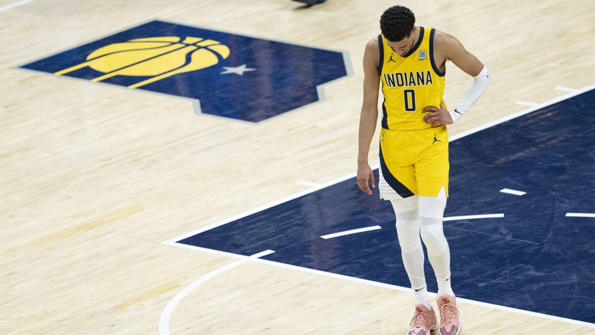 Indiana Pacers v Oklahoma City Thunder - NBA, Basketball Herren, USA finals Indiana, UNITED STATES - June 13: Tyrese Haliburton 0 of the Indiana Pacers reacts at the end of the game against Oklahom...