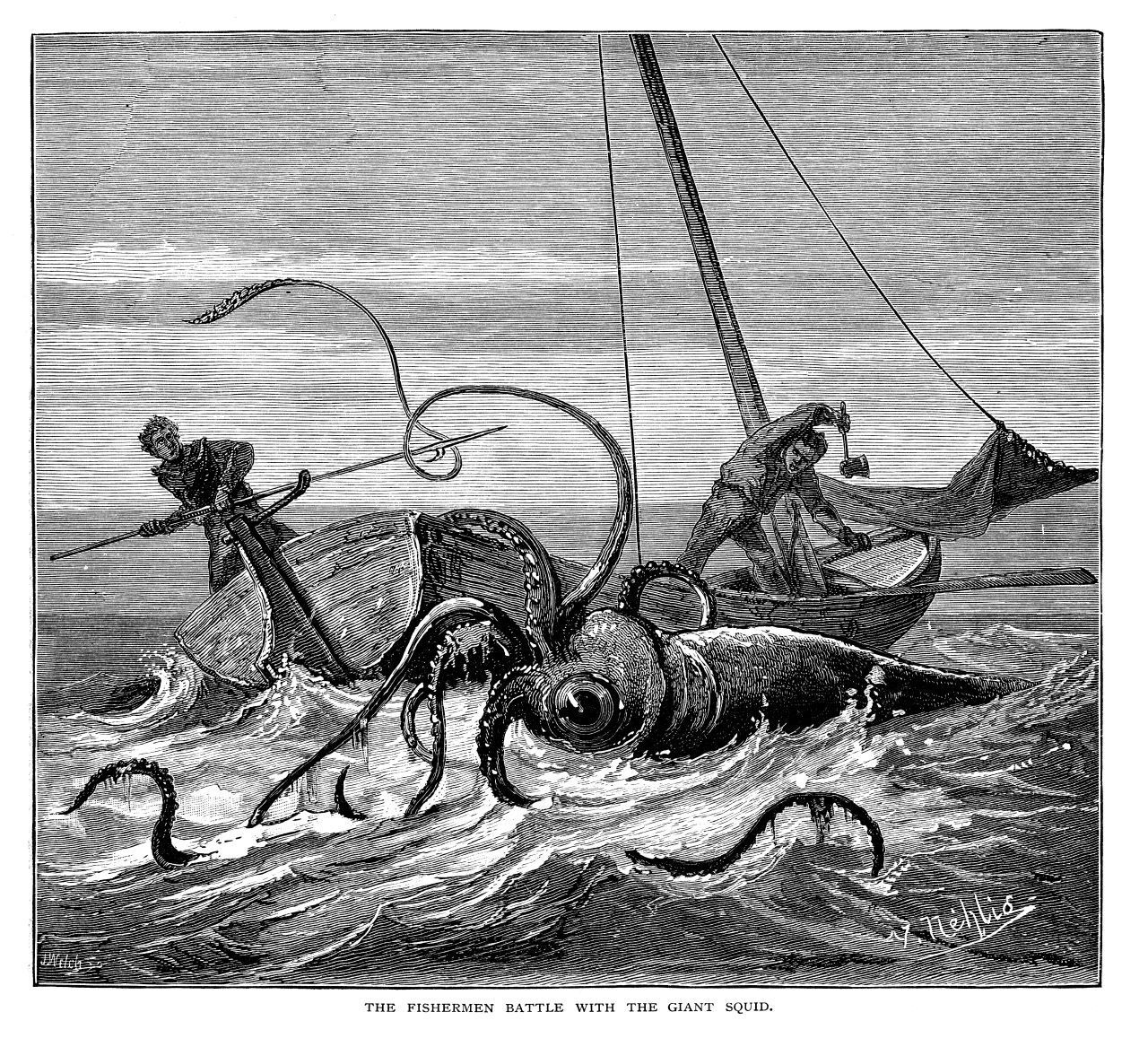 Gigantische Kalmare, die Schiffe versenken, und Seemänner, die sich ihnen im Kampf stellen - solche historischen Gemälde wie dieses aus dem Jahr 1881 gibt es viele. 