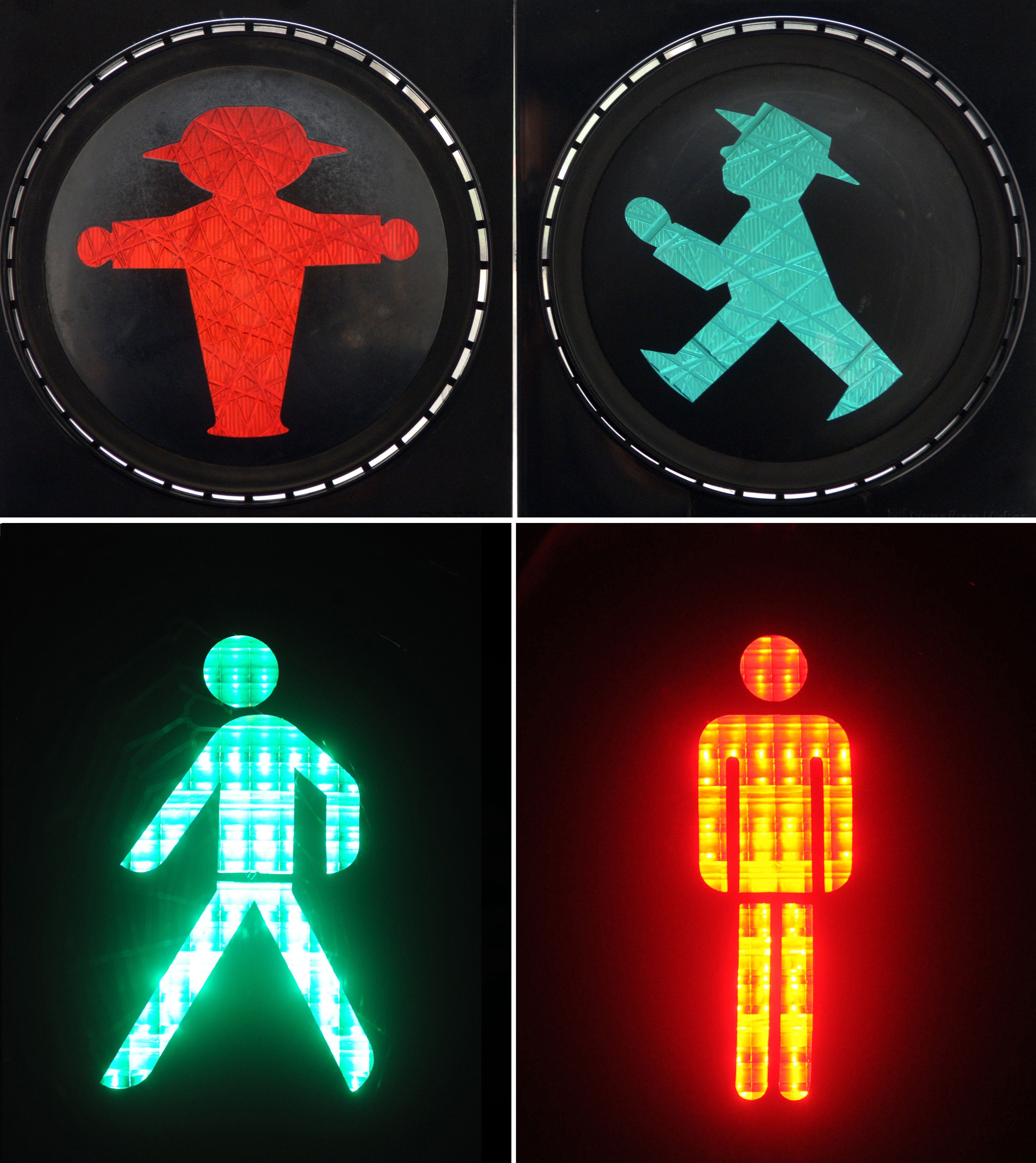 Nach der Wende sollte das Ost-Ampelmännchen (Reihe oben) in den neuen Bundesländern durch das West-Ampelmännchen (unten) ersetzt werden. Nach Protesten durfte es schließlich bleiben.