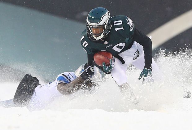 
                <strong>Eagles obenauf</strong><br>
                Nach dem Spiel haben die Eagles auch Grund zum lachen: Mit 34:20 schlagen sie die Detroit Lions - in Erinnerung werden aber wohl vor allem die Umstände dieses Sieges bleiben
              