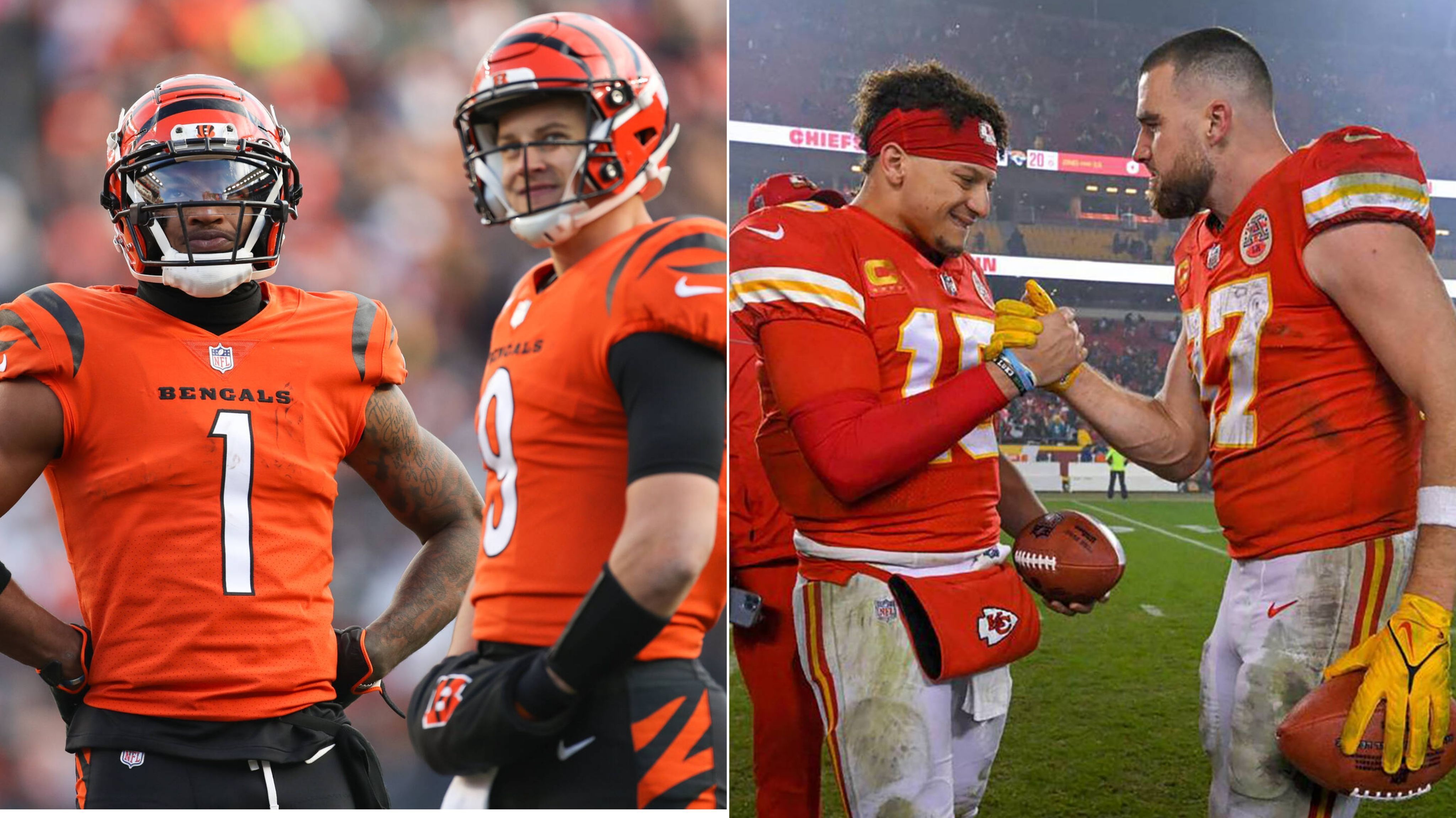 
                <strong>Das sagen die Teamkollegen</strong><br>
                Beide Spielmacher sind in ihrem Team logischerweise unglaublich beliebt. Mit Ja'Marr Chase bei den Bengals und Travis Kelce bei den Chiefs haben Burrow und Mahomes nicht nur Lieblingsanspielstationen, sondern auch beste Kumpel in ihrer Offense. "Wir sind wie Brot und Butter. Solange wir einander haben, ist hier für alles gesorgt", so Chase über Burrow. Ähnlich klingt auch Kelce, wenn er über Mahomes spricht. "Wir haben so eine gute Freundschaft, dass sogar Brittany (Mahomes' Ehefrau, d. Red.) neidisch ist."
              