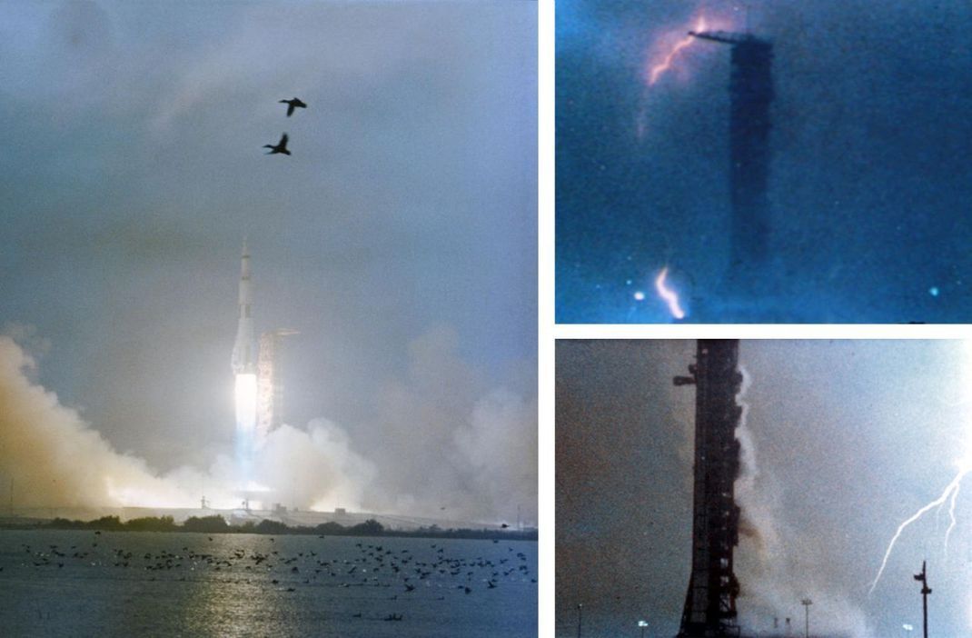 Eine der dramatischsten Momente erlebt das Apollo-Mondprogramm 1969, als nach dem Start ein Blitz in die riesige Saturn-V einschlägt und alle elektrischen Systeme lahmlegt. Eiskalt rebooten die Apollo12-Astronauten die Rechner der Rakete - und fliegen weiter zum Mond.