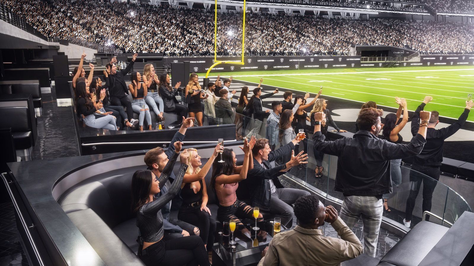 
                <strong>Allegiant Stadium (2/4)</strong><br>
                ... denn fortan existiert direkt an der Endzone ein Disco-ähnlicher Bereich, in dem die Fans die Touchdowns vor ihrer Nase abfeiern können. Wie in einem Nachtclub gibt es größere, abgegrenzte Tische, von denen die Gäste aus das Spiel verfolgen können.
              