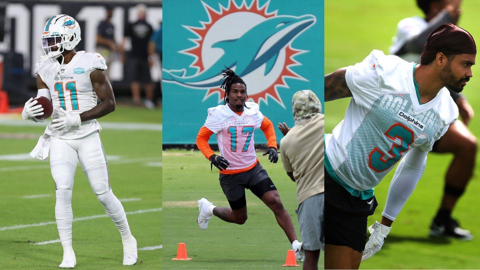 
                <strong>Platz 6: Miami Dolphins</strong><br>
                Der Aufgabe, in der Offseason neue Waffen für die Offensive ranzuschaffen, folgten die Miami Dolphins beispiellos. In der Free Agency schlugen sie bei Will Fuller (r.) zu und lockten einen der besten Speedster der NFL nach Miami. Im anschließenden Draft wählten sie mit Jaylen Waddle (m.) einen ähnlichen Spielertypen aus, der unter vielen Scouts als der nächste Tyreek Hill gilt. In der vergangenen Saison stand Quarterback-Hoffnung Tua Tagovailoa mit Devante Parker (l.) lediglich ein wirklicher Wide Receiver mit Starterpotenzial zur Verfügung, der in der kommenden Spielzeit deutlich weniger gedeckt sein dürfte. Zudem stimmte die Chemie zwischen Tua und Tight End Mike Gesicki, der einen ordentlichen Sprung nach vorne machte. Jetzt liegt es am jungen Quarterback, das ausgezeichnete Ensemble an Passempfängern zu nutzen. 
              
