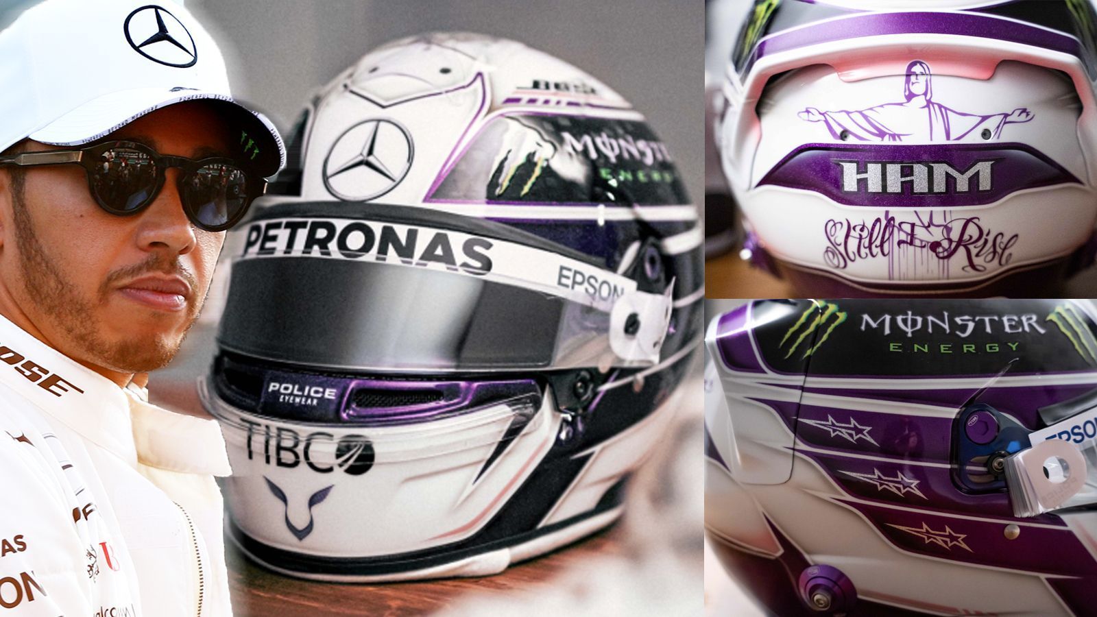 
                <strong>Lewis Hamilton (Mercedes-AMG F1)</strong><br>
                "Purple Dove", "Purple Rain" - mit diesen Worten präsentieren Lewis Hamilton und Mercedes-AMG den neuen Helm des Weltmeisters. Auf der Rückseite ist der Slogan "Still I Rise" zu lesen. 
              