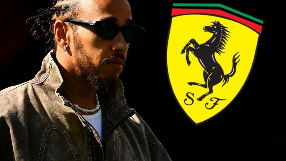Fotomontage: Ein nachdenklicher Lewis Hamilton neben einem Ferrari-Logo