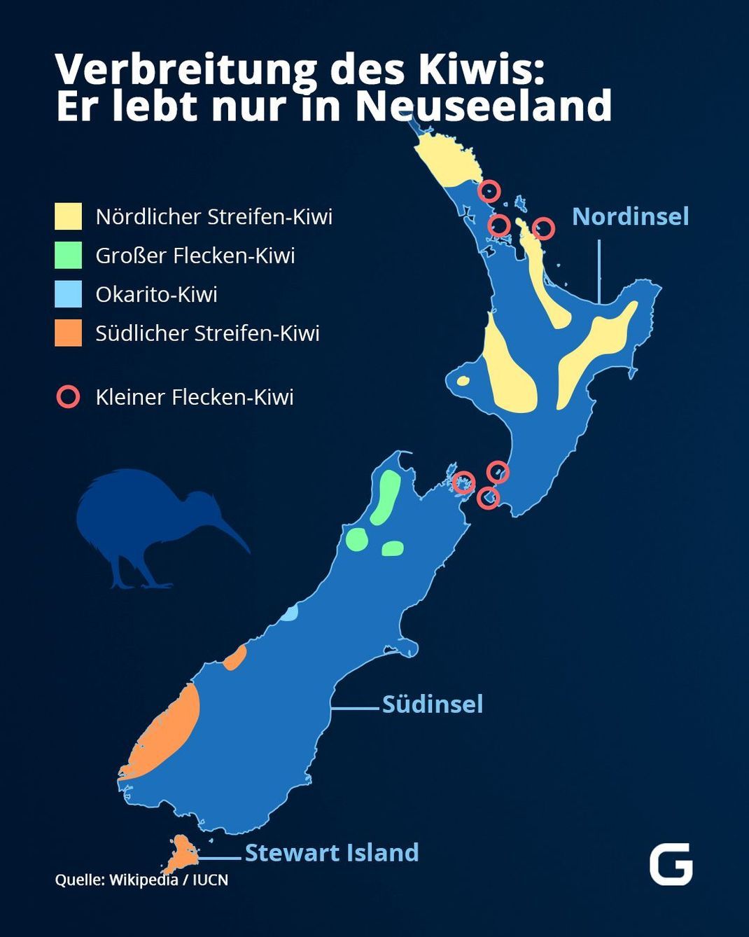 Die Karte zeigt, wo in Neuseeland der Kiwi lebt.