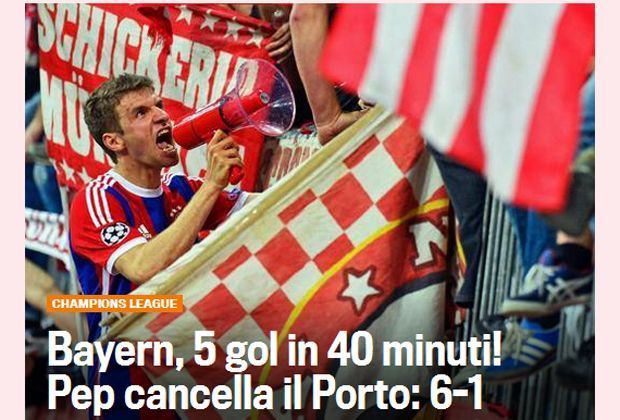 
                <strong>Gazzetta</strong><br>
                "Bayern: 5 Tore in 40 Minuten. Pep löscht Porto aus"
              
