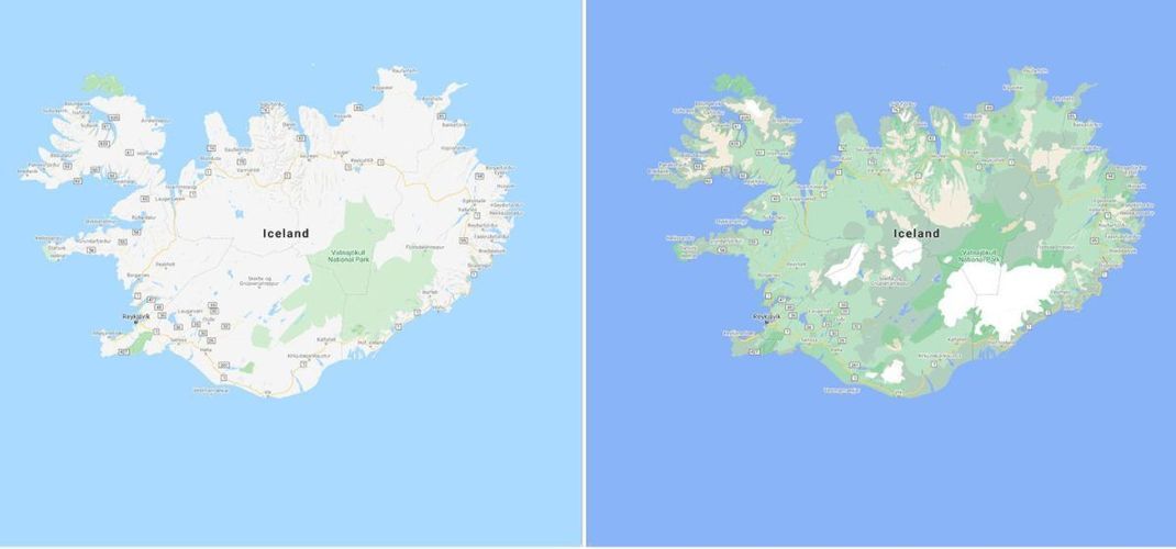 Island-Karte bei Google Maps nach vor und nach dem Update. 