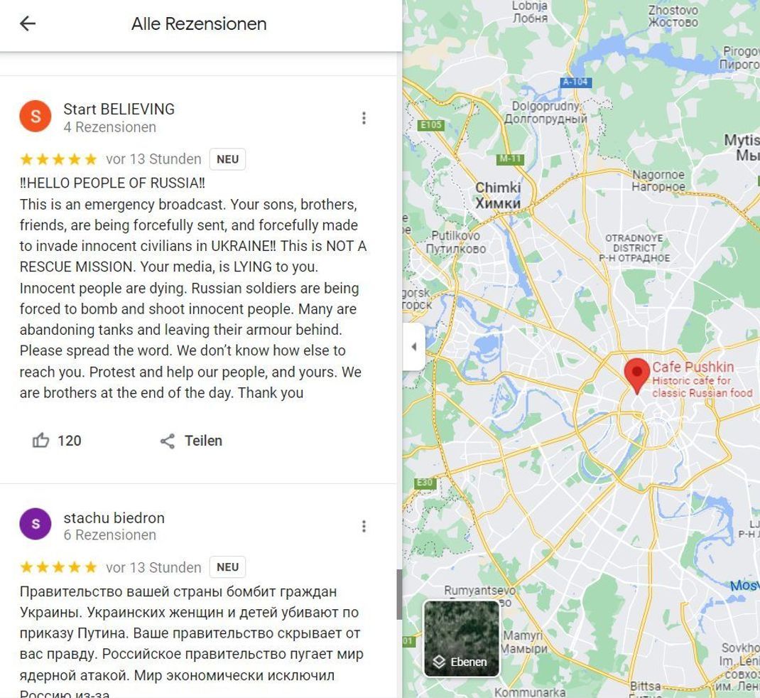 "Russland, wach auf", heißt es in mehreren Bewertungen zu russischen Restaurants. Tausende Nutzer:innen sind dem Aufruf bereits gefolgt, Rezensionen in Google Maps mit aktuellen Informationen und Protest-Aufrufen zu bestücken. 