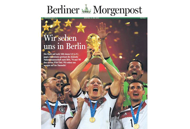 
                <strong>Berliner Morgenpost </strong><br>
                Die "Berliner Morgenpost" denkt schon weiter und fiebert dem Wiedersehen mit der DFB-Elf in der Hauptstadt entgegen: "Wir sehen uns in Berlin". 
              