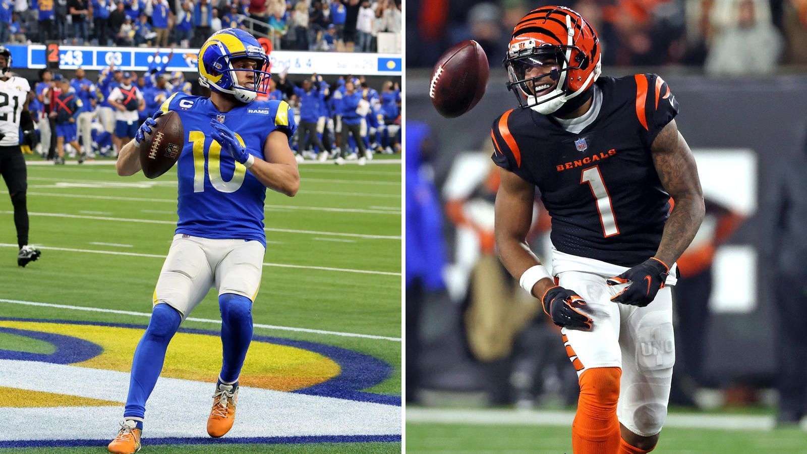 
                <strong>Wide Receiver</strong><br>
                Mit Cooper Kupp und Ja'Marr Chase stellen beide Mannschaften einen Superstar-Receiver. Während Kupp über das gesamte Jahr konstant Rekord-Zahlen auflegt, hat Chase neben sensationellen Spielen auch Ausreißer nach unten. Zwischen dem 8. und 13. Spieltag kam der Rookie nie über 52 Receiving Yards. Hinter den Superstars stehen Odell Beckham Jr. und Tee Higgins im Fokus. OBJ hat seine Saison bei den Rams wiederbelebt und wird von Spiel zu Spiel wichtiger für Stafford, Higgins lieferte in den vergangenen beiden Playoff-Spielen mit 199 Receiving Yards ebenfalls ab. Insgesamt gibt Kupps unfassbare Beständigkeit bei den Receivern jedoch den Ausschlag für die Rams - 2:1 Bengals.
              