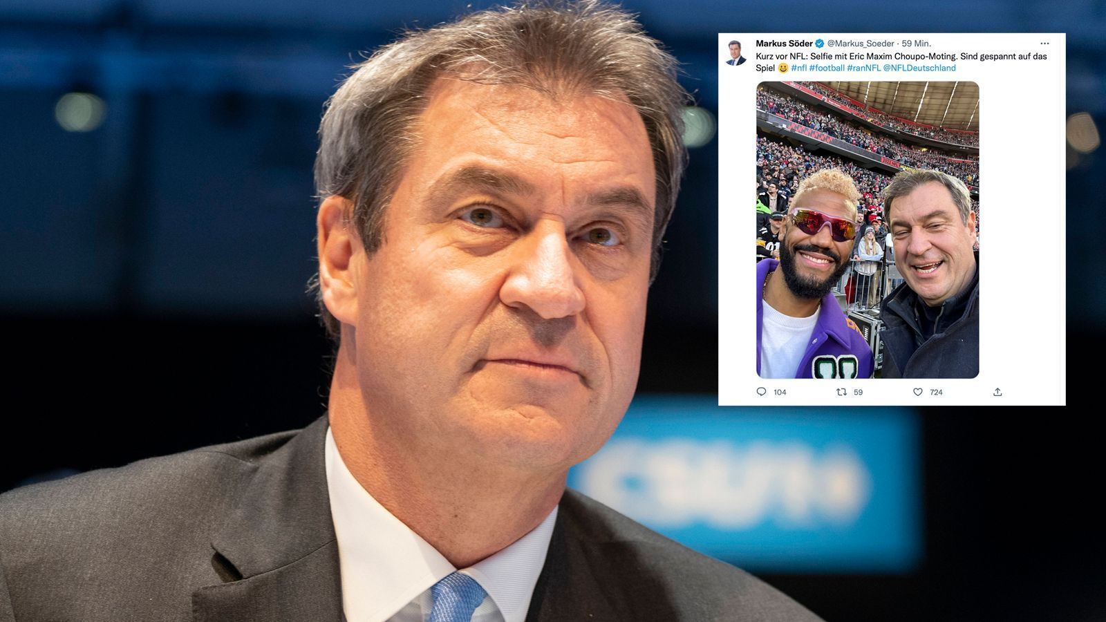 
                <strong>Markus Söder und Eric Maxim Choupo-Moting</strong><br>
                Bayerns Ministerpräsident Markus Söder gehört auch zu den Gästen beim NFL-Spiel. Dabei schoss der CSU-Chef mal wieder fleißig Selfies - unter anderem mit Bayern Münchens Torjäger Eric Maxim Choupo-Moting.
              