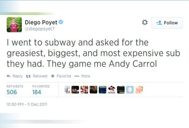 
                <strong>Twitter-Panne von Diego Poyet</strong><br>
                Auch Andy Carroll bekommt seine Abreibung: "Ich ging zu Subway und fragte nach dem fettigsten, größten und teuersten Sandwich - sie gaben mir Andy Carroll." Es ging noch weiter ...
              