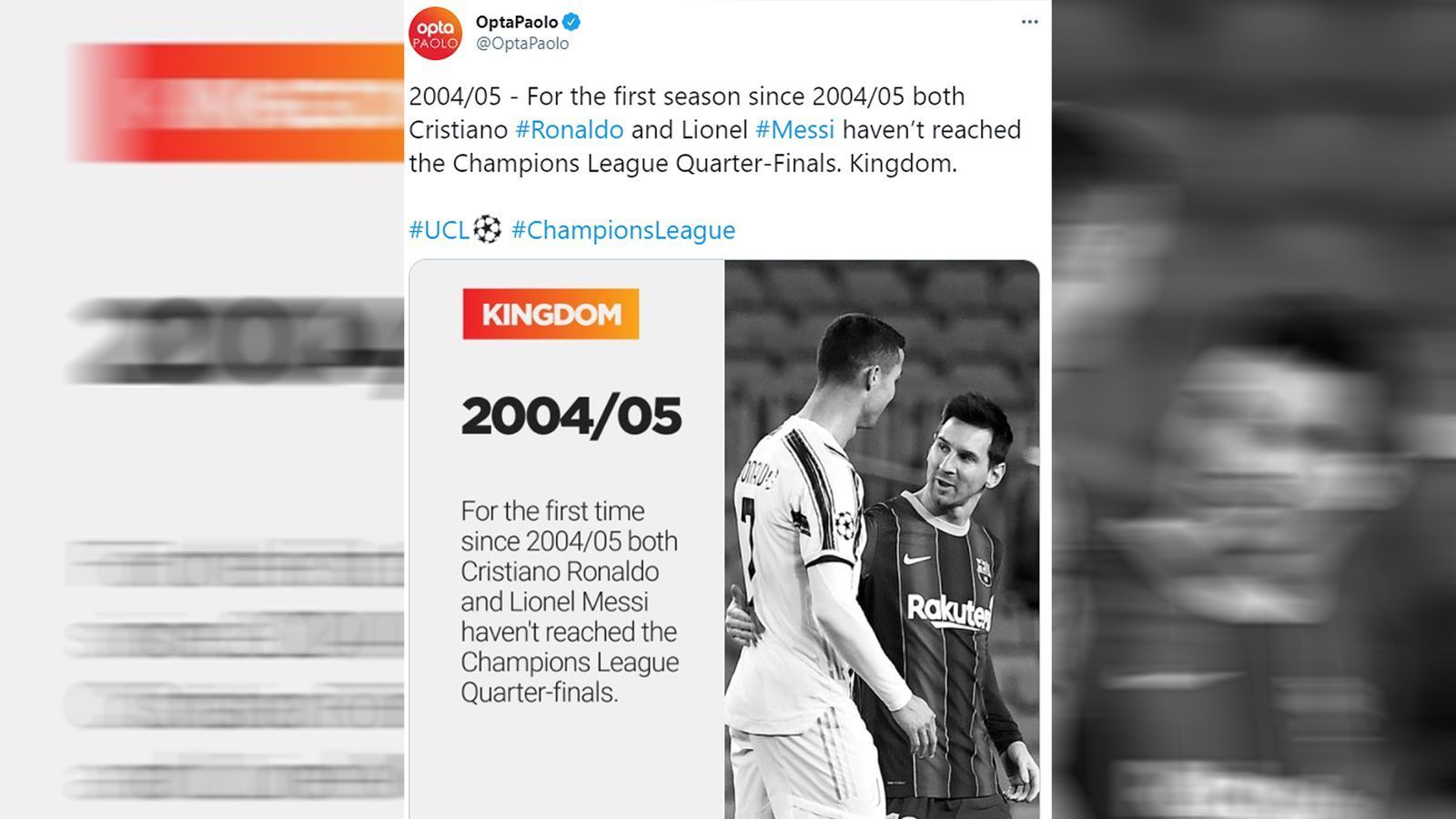 
                <strong>Die Netzreaktionen zum Champions-League-Aus des FC Barcelona</strong><br>
                Das gleichzeitige Aus von Cristiano Ronaldo und Lionel Messi mit ihren Klubs aus der Champions League hat fast schon historische Dimensionen. Zuletzt waren die beiden Superstars ihrer Generation in der Saison 2004/2005 so früh im internationalen Wettbewerb ausgeschieden. 
              