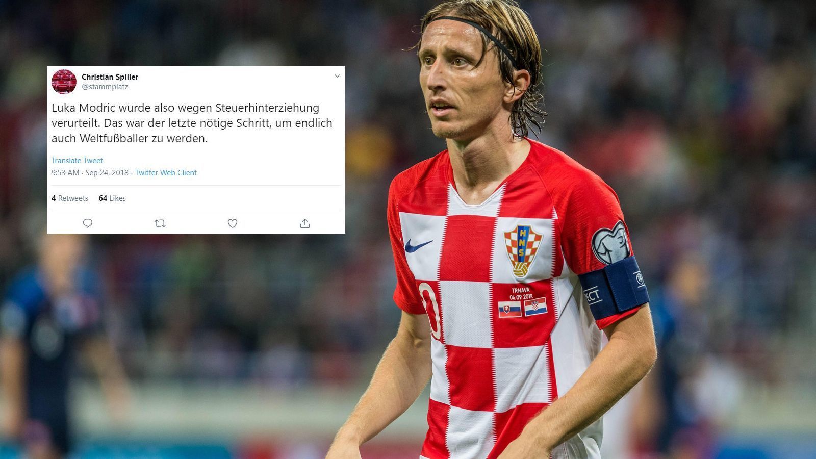 
                <strong>Christian Spiller (Journalist und Autor) </strong><br>
                "Luka Modric wurde also wegen Steuerhinterziehung verurteilt. Das war der letzte nötige Schritt, um endlich auch Weltfußballer zu werden." (Christian Spiller und die Auszeichnung Modric' mit dem Ballon d'Or folgte noch im selben Jahr via "Twitter")
              