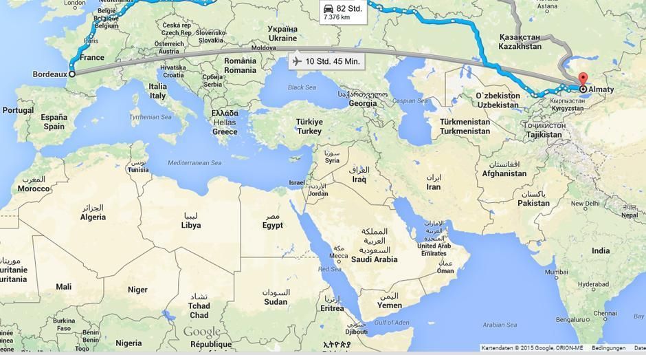 
                <strong>Die Entfernung zwischen Bordeaux und Almaty</strong><br>
                Die Entfernung. Zwischen der französischen Stadt Bordeaux und Almaty in Kasachstan liegen nicht nur stramme 5947 Flug-Kilometer, sondern auch vier (!) verschiedene Zeitzonen. Almaty ist Bordeaux zum Beispiel vier Stunden voraus ...
              