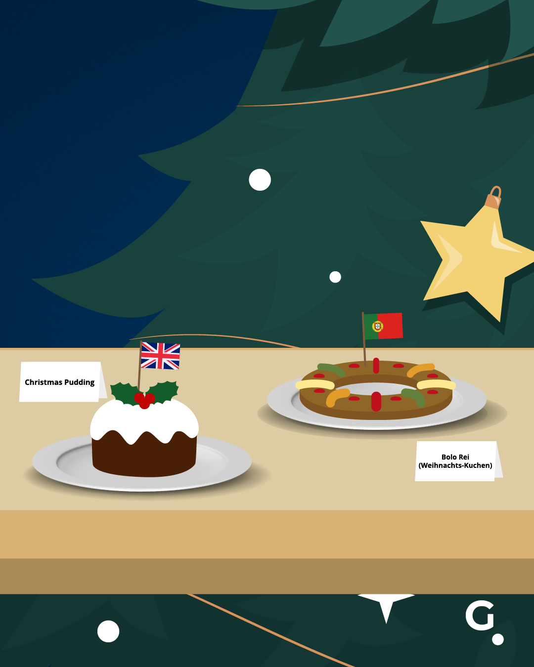Der englische Christmas-Pudding ist nicht süß, sondern eher eine Art Serviettenknödel mit Nüssen, Eiern und Rinder-Nierenfett. Im Portugal gibt es Bolo Rei, einen Weihnachtskuchen.&nbsp;