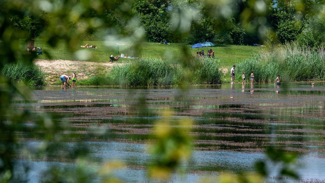 Badegäste genießen an einem See die Sonne. 