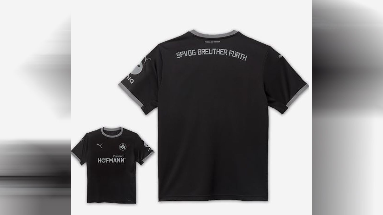 <strong>SpVgg Greuther Fürth - Ausweichtrikot</strong><br>Beim Ausweichtrikot gibt's hingegen weder Grün noch Weiß. Die Grundarbe ist Schwarz, Akzente und Schrift hingegen grau.