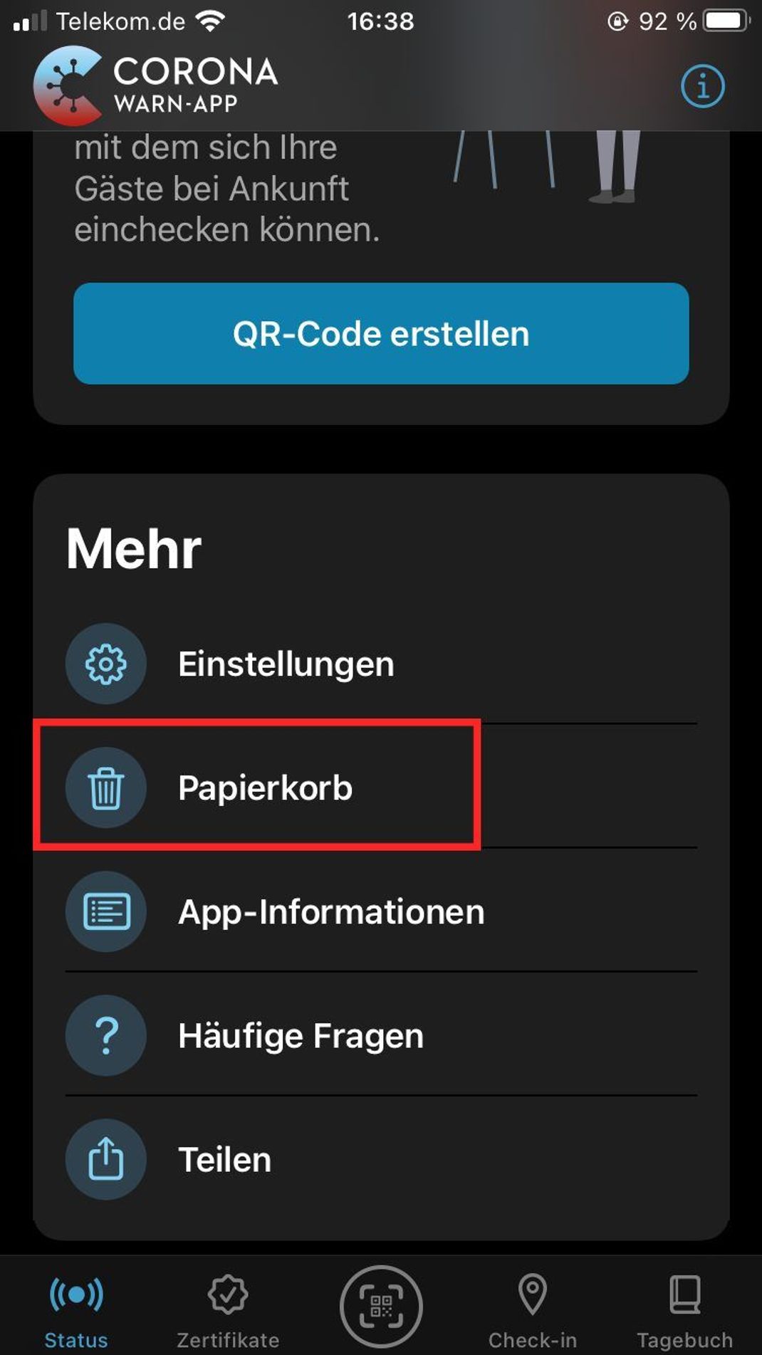 Gelöschte Tests oder Zertifikate wandern in der Corona-Warn-App in den Papierkorb. Von dort aus lassen sie sich 30 Tage lang wiederherstellen. 