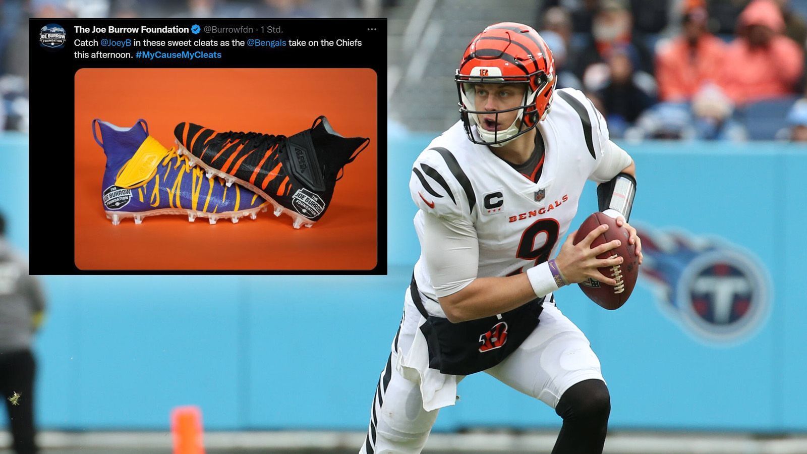 
                <strong>Joe Burrow</strong><br>
                Joe Burrow trägt für "My Cause, my cleats" ein besonders Paar Schuhe mit verschiedenen Designs. Der Quarterback der Cincinnati Bengals unterstützt seine eigene "Joe Burrow Foundation", die sich darauf konzentriert, Kindern mit mentalen Problemen und denen ohne Sicherheit auf genügend Nahrung zu helfen.
              