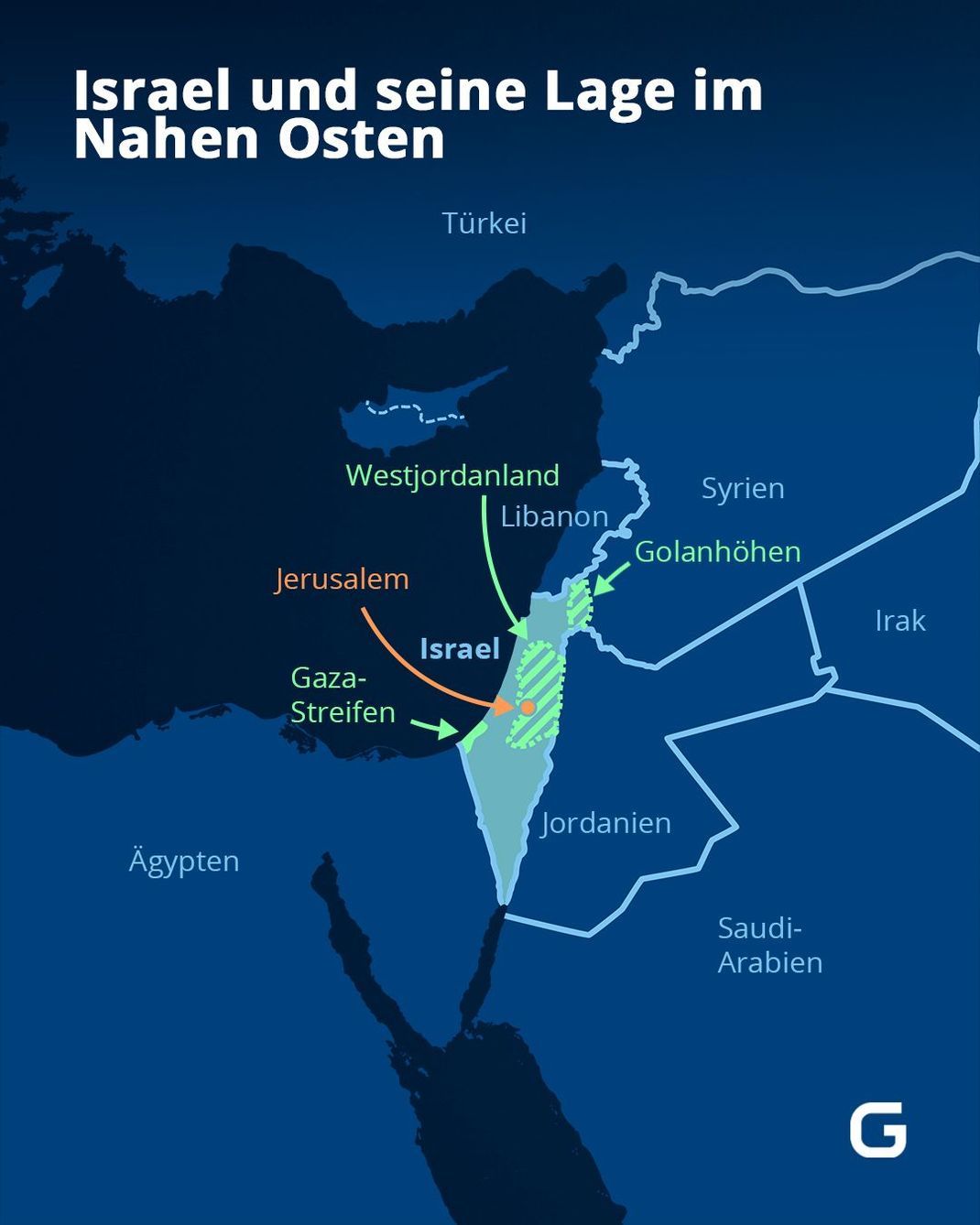 Israel und seine Lage im Nahen Osten. Hier siehst du auch, wo der Gazastreifen und das Westjordanland liegen.