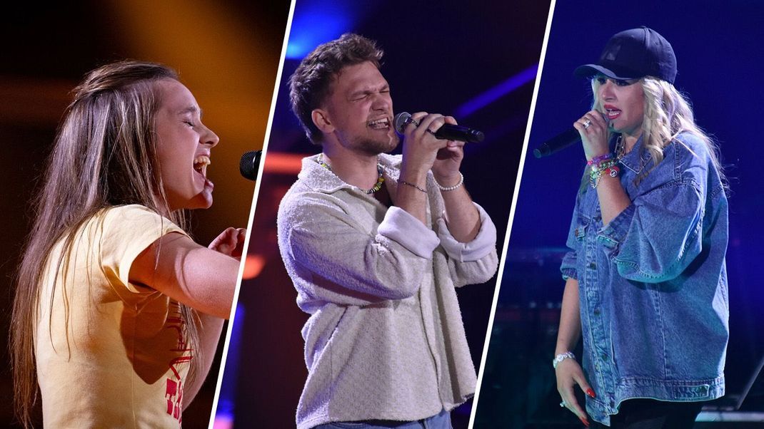 Anna Kneer, Sebastian Zappel und Marta Syrenskiy (v.l.n.r.) geben in Folge 1 ihr Bestes auf der "The Voice"-Bühne.