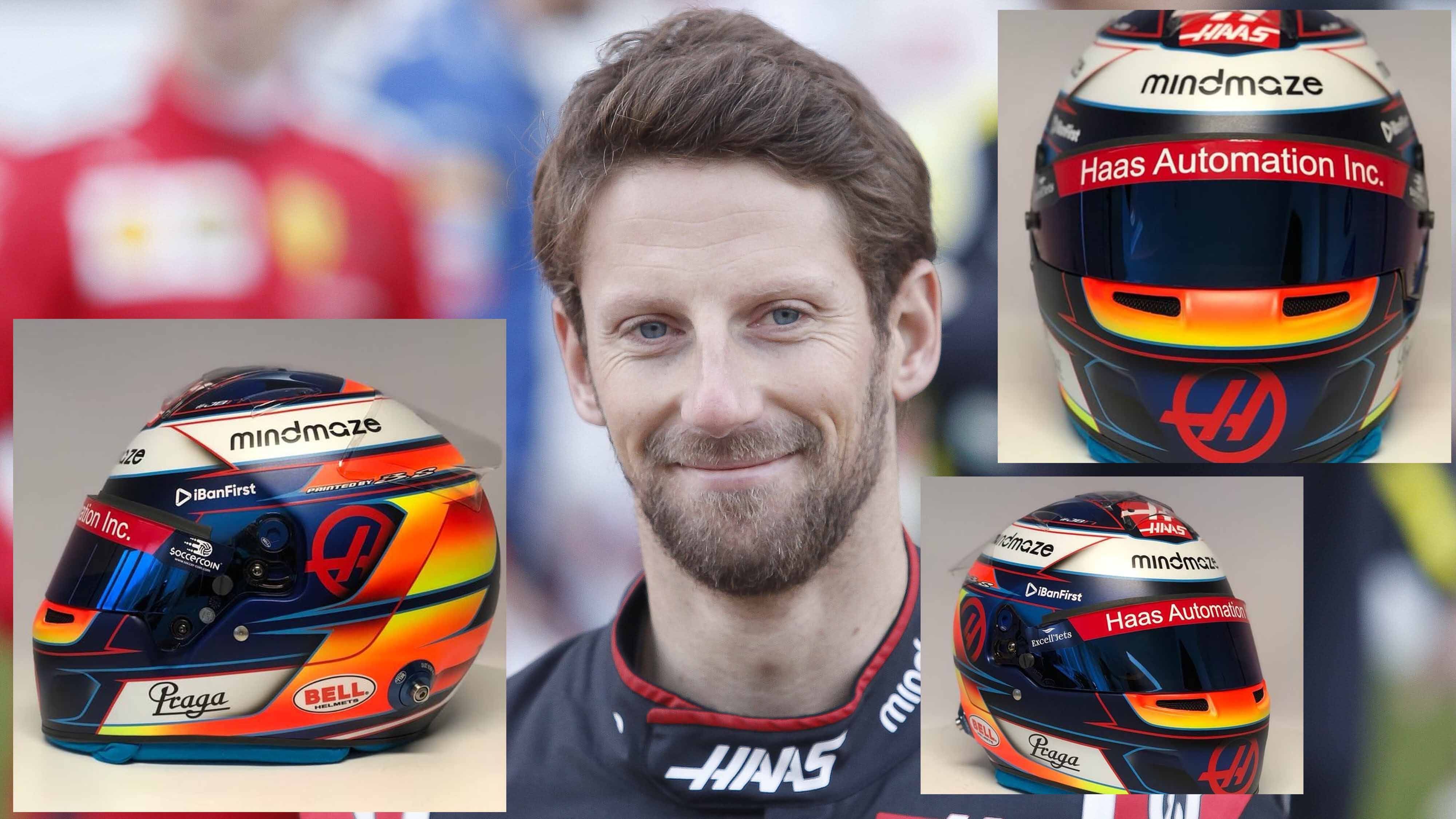 
                <strong>Romain Grosjean (Haas F1 Team)</strong><br>
                Besonders farbenfroh ist das Design des Helmes von Romain Grosjean. Während die Vorderseite besonders von Blau dominiert wird, sticht auf der Rückseite des Helmes ein gelb-oranger Ton heraus.
              