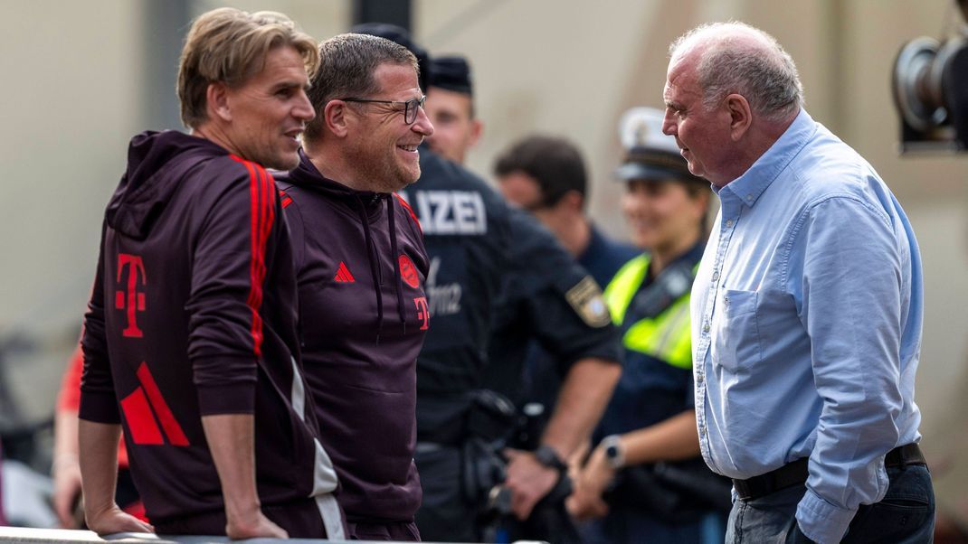 Münchens Sportdirektor Christoph Freund (l-r), Sportvorstand Max Eberl und Uli Hoeneß scheinen sich nicht immer einig zu sein