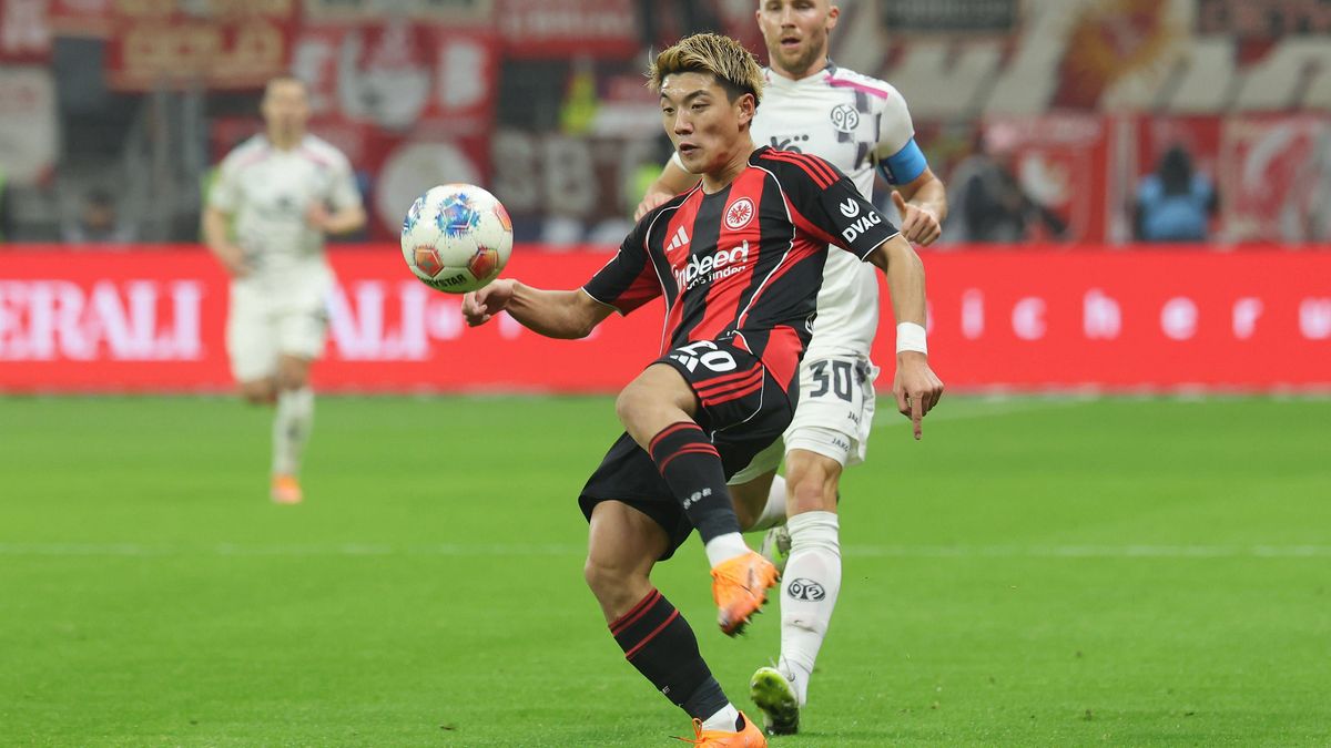 Eintracht Frankfurt - 1. FSV Mainz 05 , 1. FBL Ritsu Doan (Eintracht Frankfurt, 20) vor Silvan Widmer (Mainz, 30). Bundesligaspiel zwischen Eintracht Frankfurt und dem 1. FSV Mainz 05 am 9. Novembe...