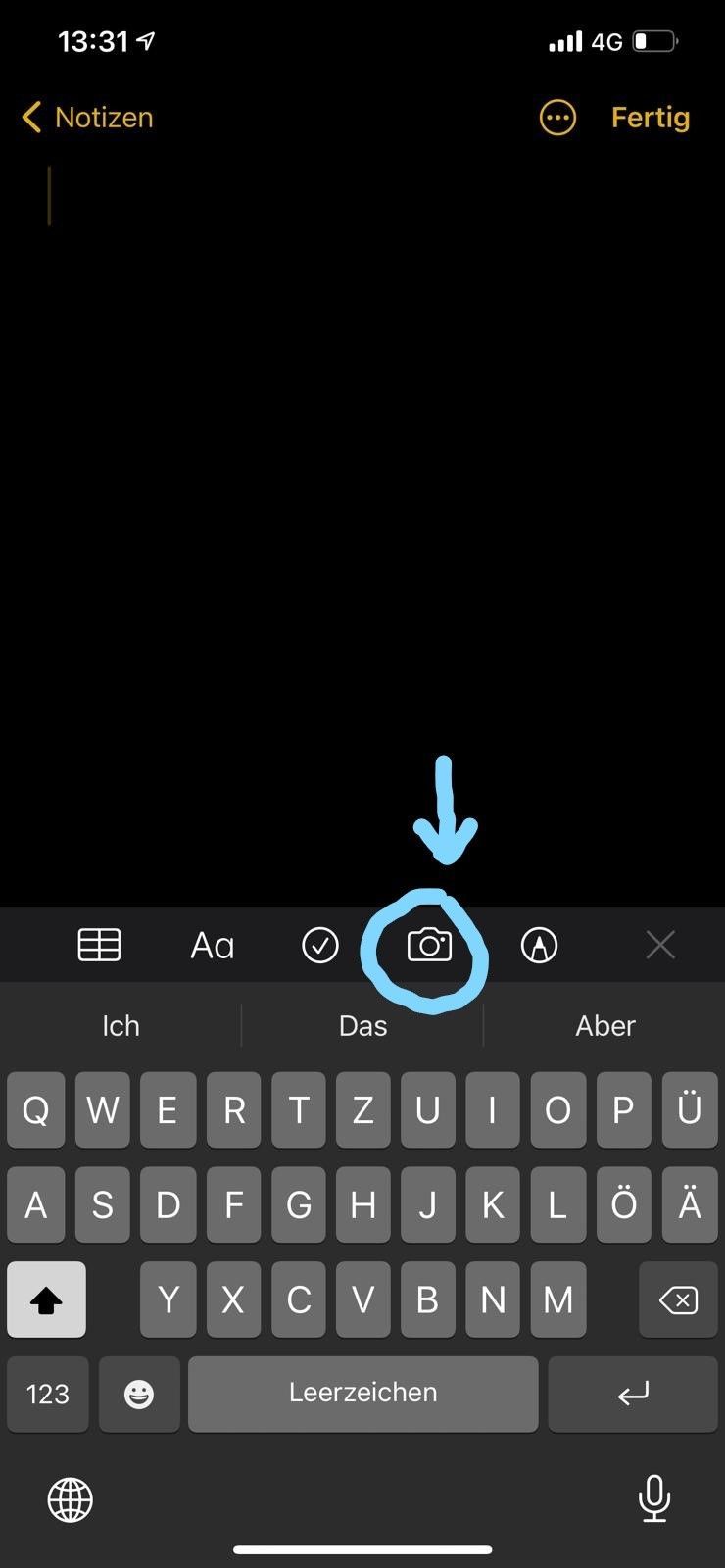 Step 1: Notizen-App öffnen und und eine neue Notiz erstellen. Auf das Kamera-Symbol klicken.