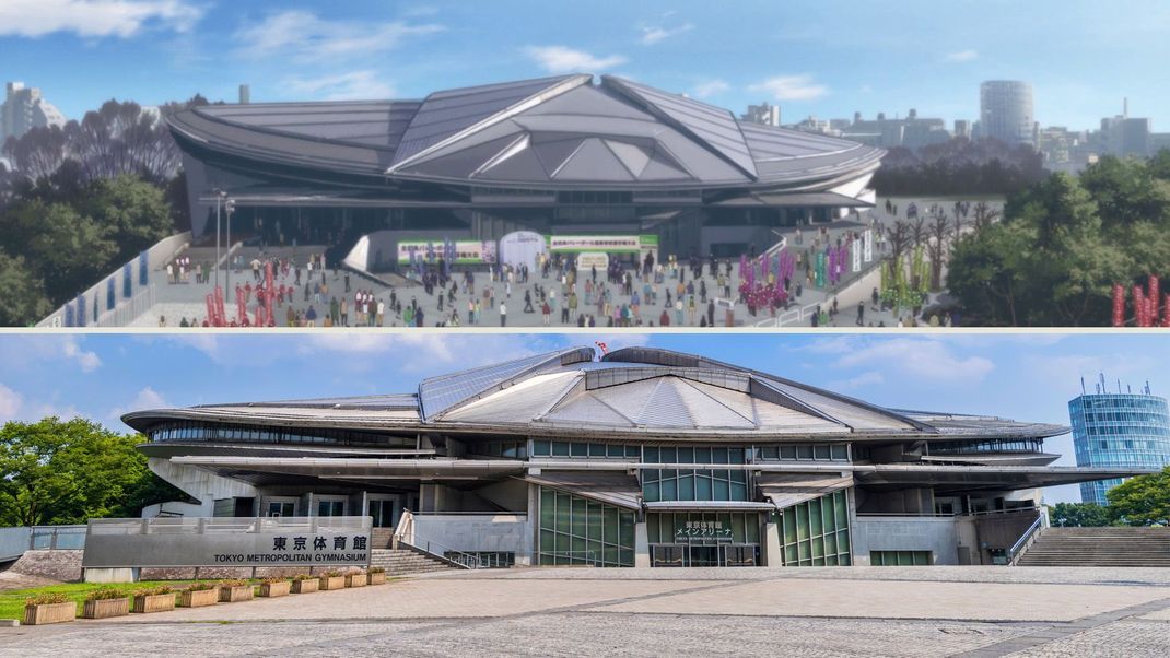 Das schwungvolle Dach macht die Sporthalle von Weitem erkennbar - unten in der Realität und oben im Anime "Haikyuu".