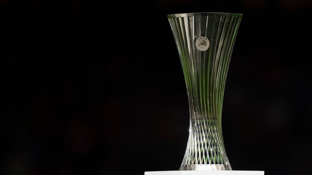 Olympiacos FC v ACF Fiorentina - UEFA Conference League The trophy of UEFA Conference League is seen on a plinth during the award ceremony following the UEFA Conference League final football match ...