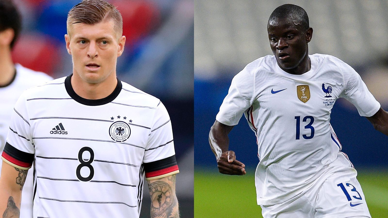 
                <strong>Mittelfeld: Toni Kroos vs. N'Golo Kante</strong><br>
                Kroos dürfte das Pech des noch angeschlagenen Leon Goretzka zum Startelf-Einsatz verhelfen, denn so unumstritten wie früher ist der Real-Regisseur nicht mehr. Anders N'Golo Kante, der ein Garant für den Königsklassen-Sieg des FC Chelsea war, in der Schaltzentrale eine Schlüsselfigur sein wird. Chelsea-Teamkollege Timo Werner hat eindringlich vor Kante gewarnt. "Kante ist eine Klette. Der ist für mich der beste Sechser der Welt", sagte der Stürmer bei MagentaTV. Vorteil Frankreich, 5:3.
              