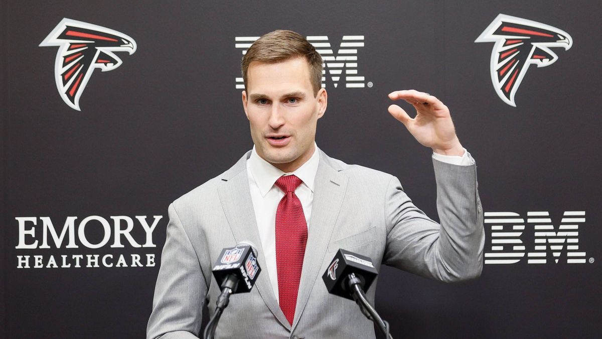 March 14, 2024: Atlanta Falcons quarterback Kirk Cousins address his remarks during his introductory press conference at the Falcons practice facility in Flowery Branch on Wednesday, March 13, 2024...
