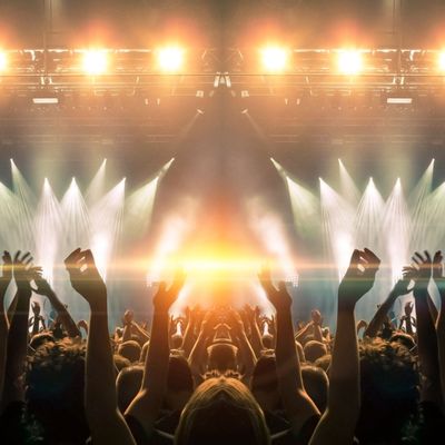 Photo of a concert hall with people silhouettes clapping in front of a big stage lit by spotlights. Shot is taken from concert crowd point of view, lens flare is visible.