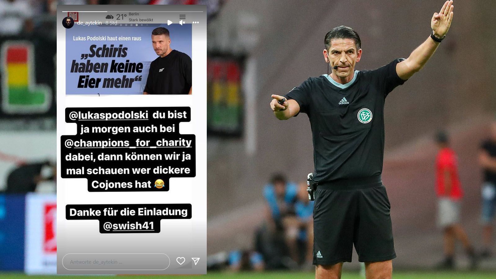 
                <strong>Nach Schiri-Schelte: Deniz Aytekin kontert Lukas Podolski</strong><br>
                Dass Schiri Deniz Aytekin jemand ist, der gerne auch mal einen Spruch ablässt, ist nichts neues. Nun konterte der 44-Jährige eine Aussage von Lukas Podolski in der "Bild". Dort erklärte der ehemalige Nationalspieler und Weltmeister von 2014, dass die Schiris heutzutage "keine Eier mehr haben". Aytekin teilte einen Screenshot des Artikels in seiner Instagram-Story und schrieb an Podolski gerichtet: "Du bist ja morgen auch bei "Champions for Charity" dabei, dann können wir ja mal schauen, wer dickere Cojones hat." Mit einem lachenden Smiley machte Aytekin deutlich, dass er über die Aussage Podolskis nicht sauer ist. Zudem bedankte er sich bei Dirk Nowitzki für die Einladung zum Benefizspiel, das zu Ehren von Rekord-Weltmeister Michael Schumacher ausgetragen wird.
              