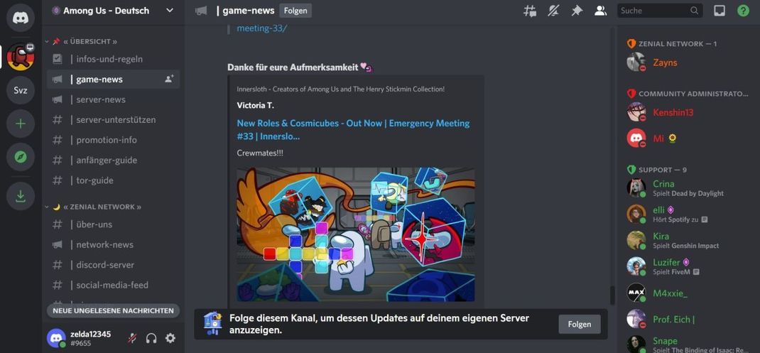 Bei Discord gibt es unzählige Server (runde Icons links) zu verschiedenen Themen, wie hier zum Game "Among Us". Darin siehst du verschiedene Text- und Sprachkanäle, wer wo mitmacht und gerade online ist.